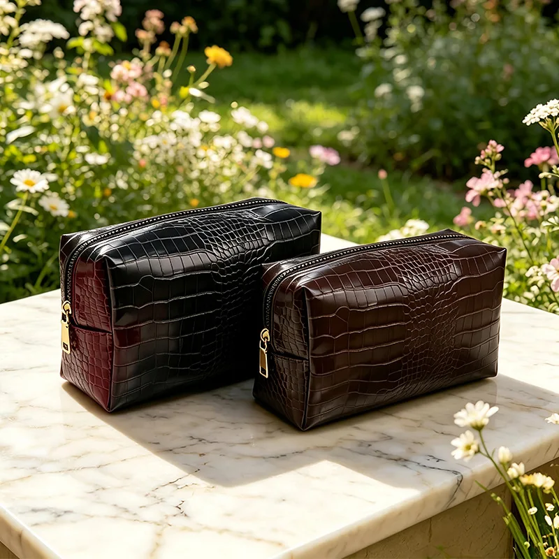 Waterproof Crocodile Texture PU Makeup Bag Large Capacity Premium Leather Cosmetic Storage Gift Pouch