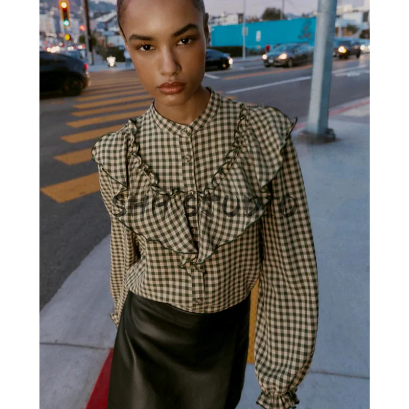 Wiosenna Nowa Damska Długa Sukienka z Okrągłym Dekoltem, Mała Krata, Ozdobna Warstwowa Konstrukcja, Poliester, Sukienka typu Bubble, Casual Bl...