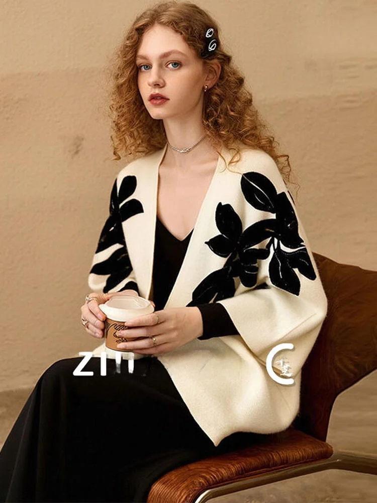 

ZhuoZhi Soft Floral Embroidery Cloak oulder Wrap Outerwear Autumn New Sle Two-Purpose Scarf Women's Knitted Sweater