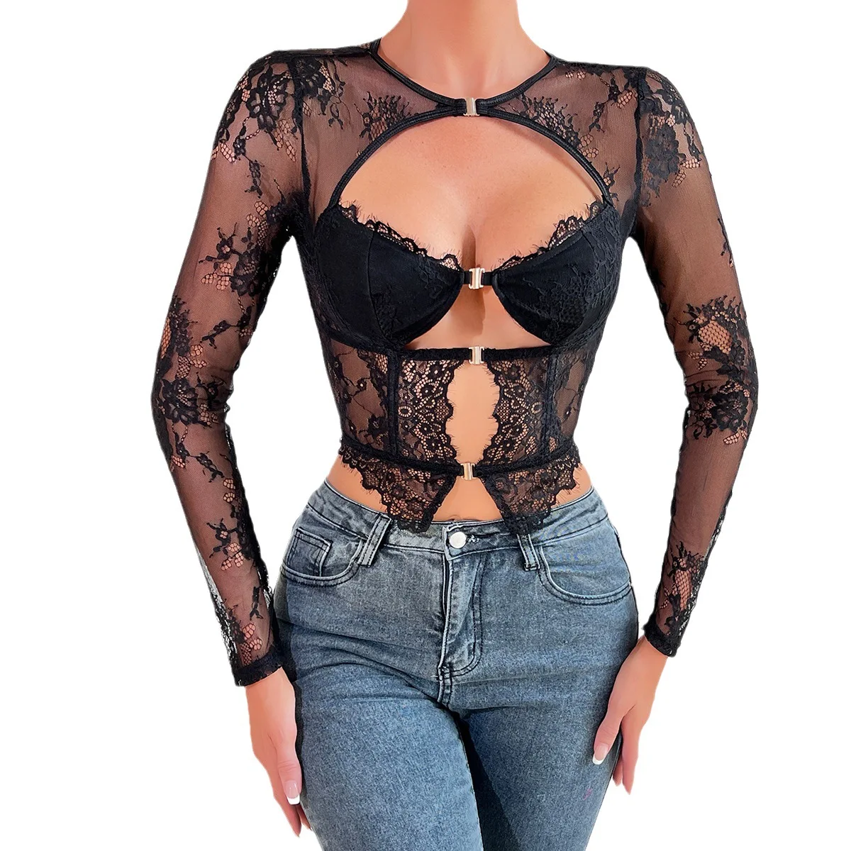 2024 New Sexy Lace Clairvoyant Bustier Women Long Sleeved Top Brassiere Underwired Bra Fishbone Corset Slim Fit Top