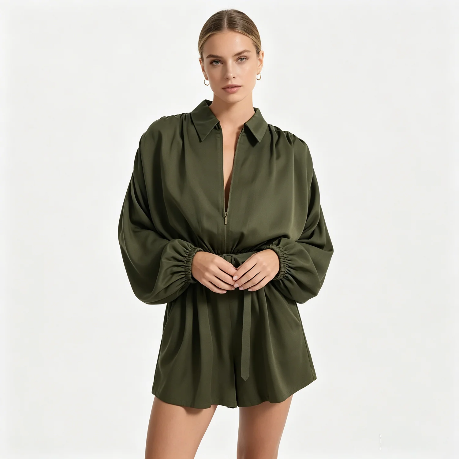 

PUAL Women Satin Shirt Romper Lapel Collar Long Sleeve Belted Waist Zipper Front Loose Short Jumpsuit Casual Outfit