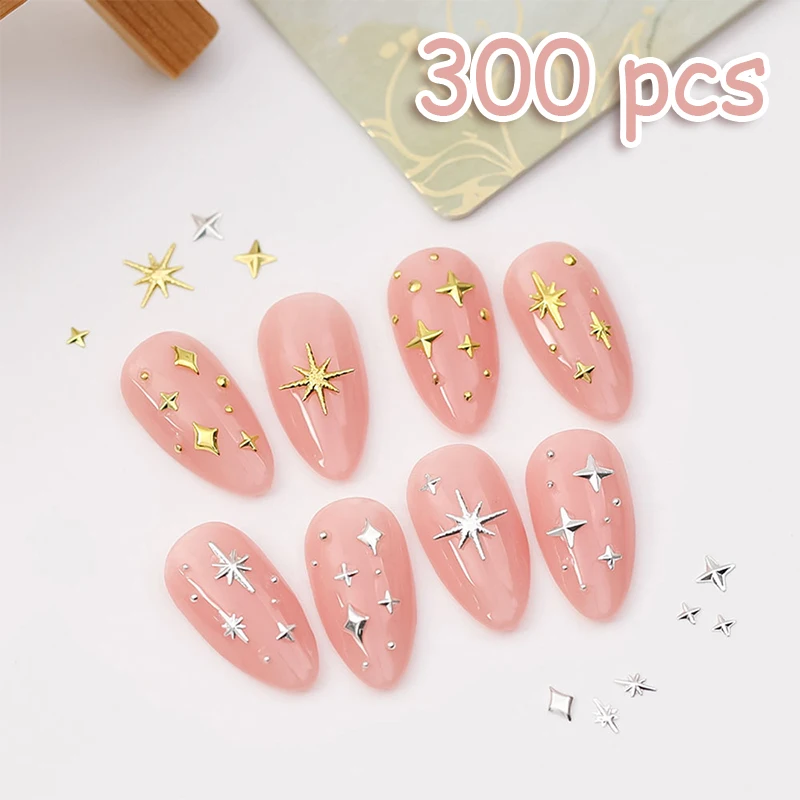 300 Stuks Willekeurige Mix Nagel Klinknagel Studs Goud/Zilver Sterren Lichte Nail Art Bedels Asterisme Starlight Accessoires Manicure Benodigdheden Set