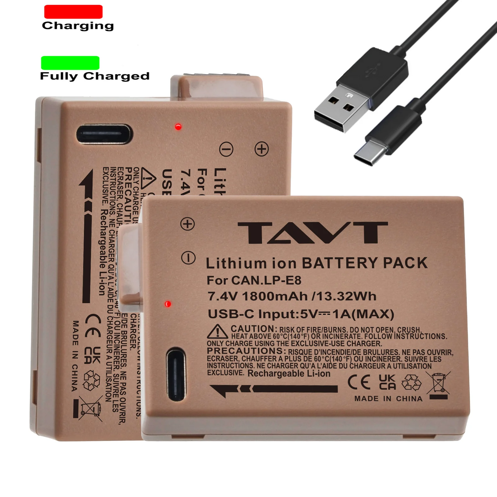 TAVT 1800mAh LP-E8 LPE8 USB Type -C Input Battery For Canon EOS Rebel T3i T2i T4i T5i 550D 600D 650D 700D Kiss X4 X5 X6i X7i