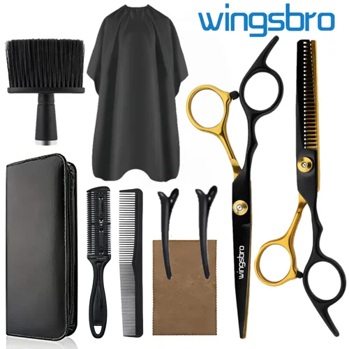 Juego de tijeras para cortar cabello de 6,5 "", kit de tijeras profesionales para corte de pelo con tijeras planas, tijeras para adelgazar, peine, capa, clips, cepillo
