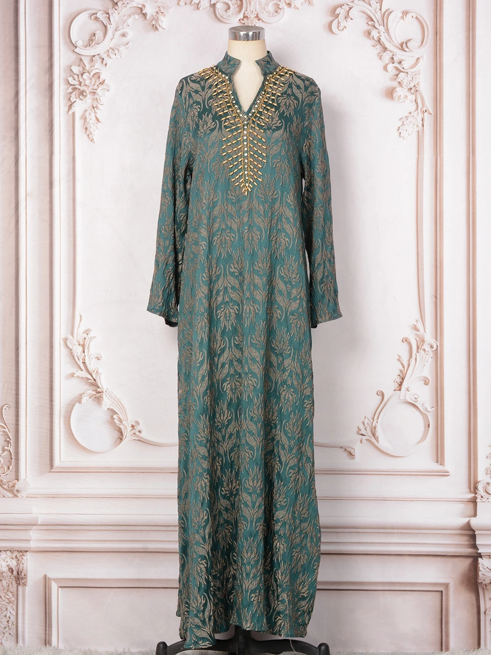 Verde pesado frisado muçulmano vestido de noite uma linha festa personalizado 2025 dubai robe kaftan bordado mangas compridas elegante vestido de baile