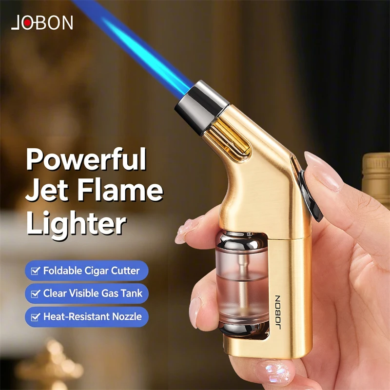 JOBON Windproof Cigar Lighter Transparent Visual Gas with Cigar Drill Adjustable Blue Flame Lighters for Camping BBQ Candles