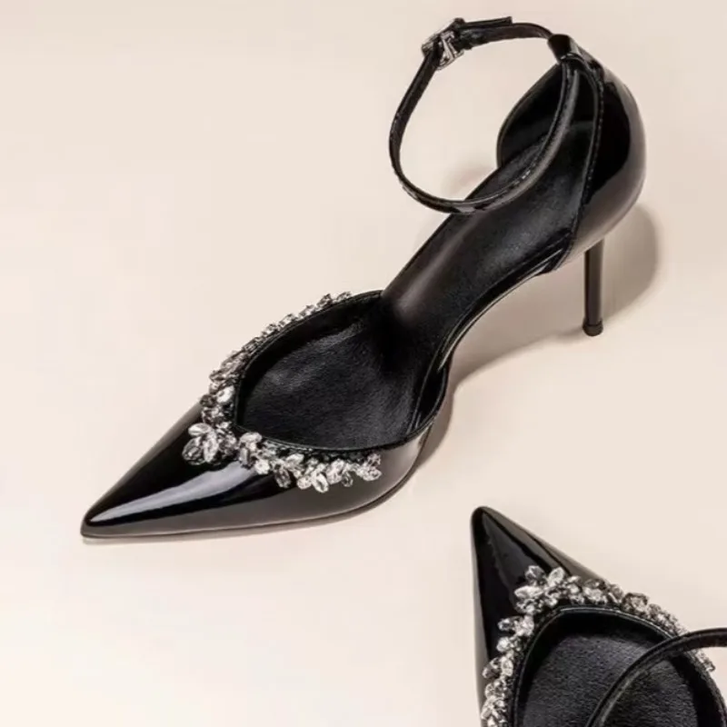 

2025 г., остроконечные высокие каблуки со стразами, босоножки с полой пряжкой, тонкий каблук, модные женские свадебные туфли с неглубоким носком