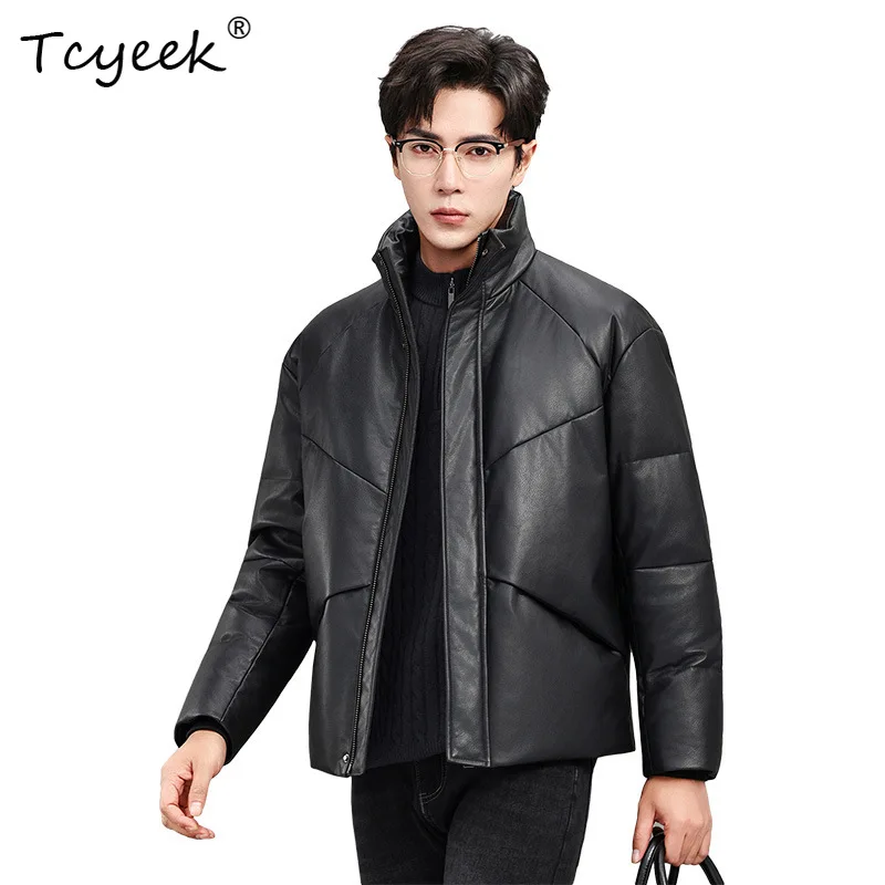 Tcyeek Genuine Cow Leather Jacket Men Short White Goose Down Coat Mens Clothing Fashion Men's Thickened Puffer Jackets Chaqueta