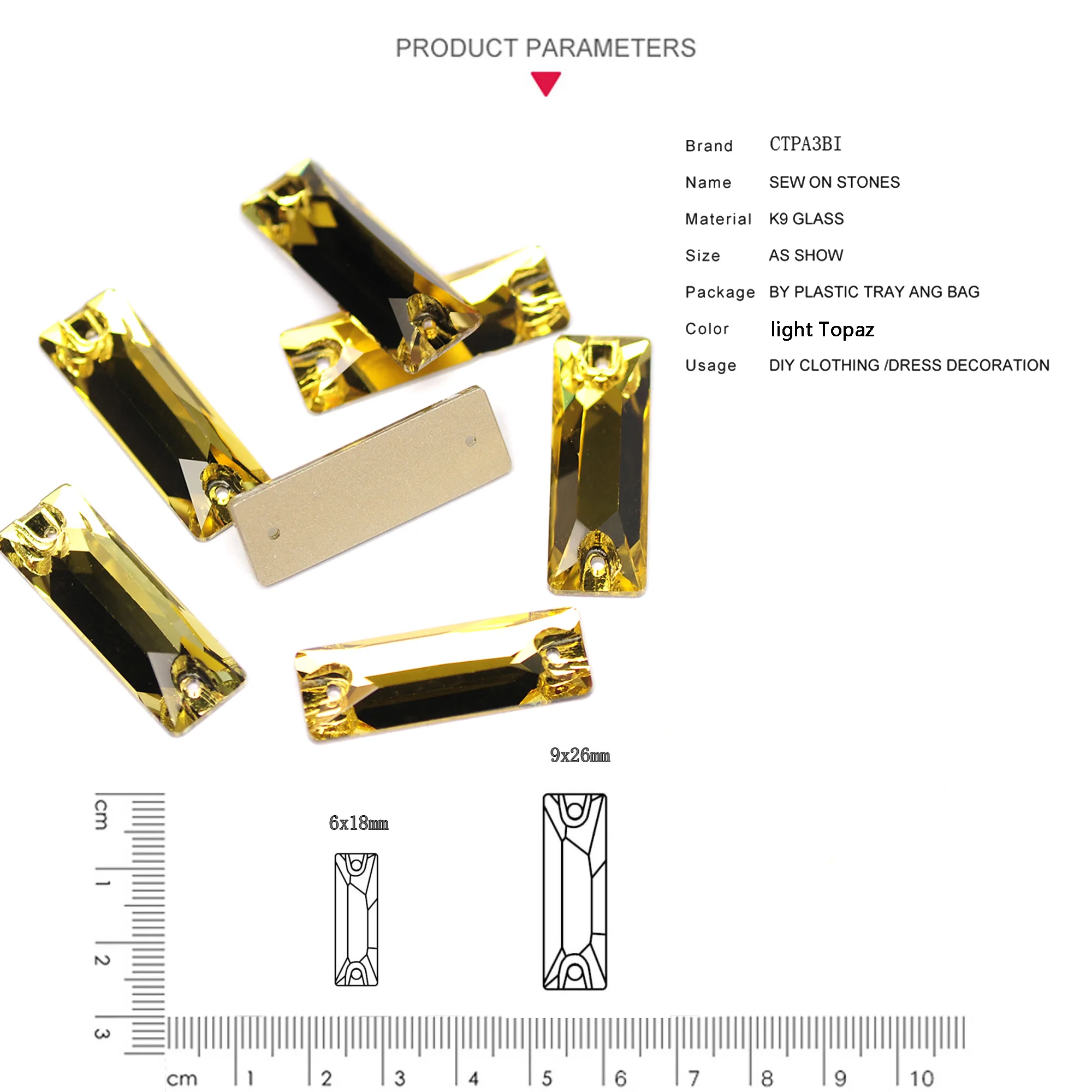 Lt. Topaz Shiny Baguette Glass Flatback Crystal Sew On Rhinestones Crafts Glitter 3D Sewing Accessories For Design Decorations