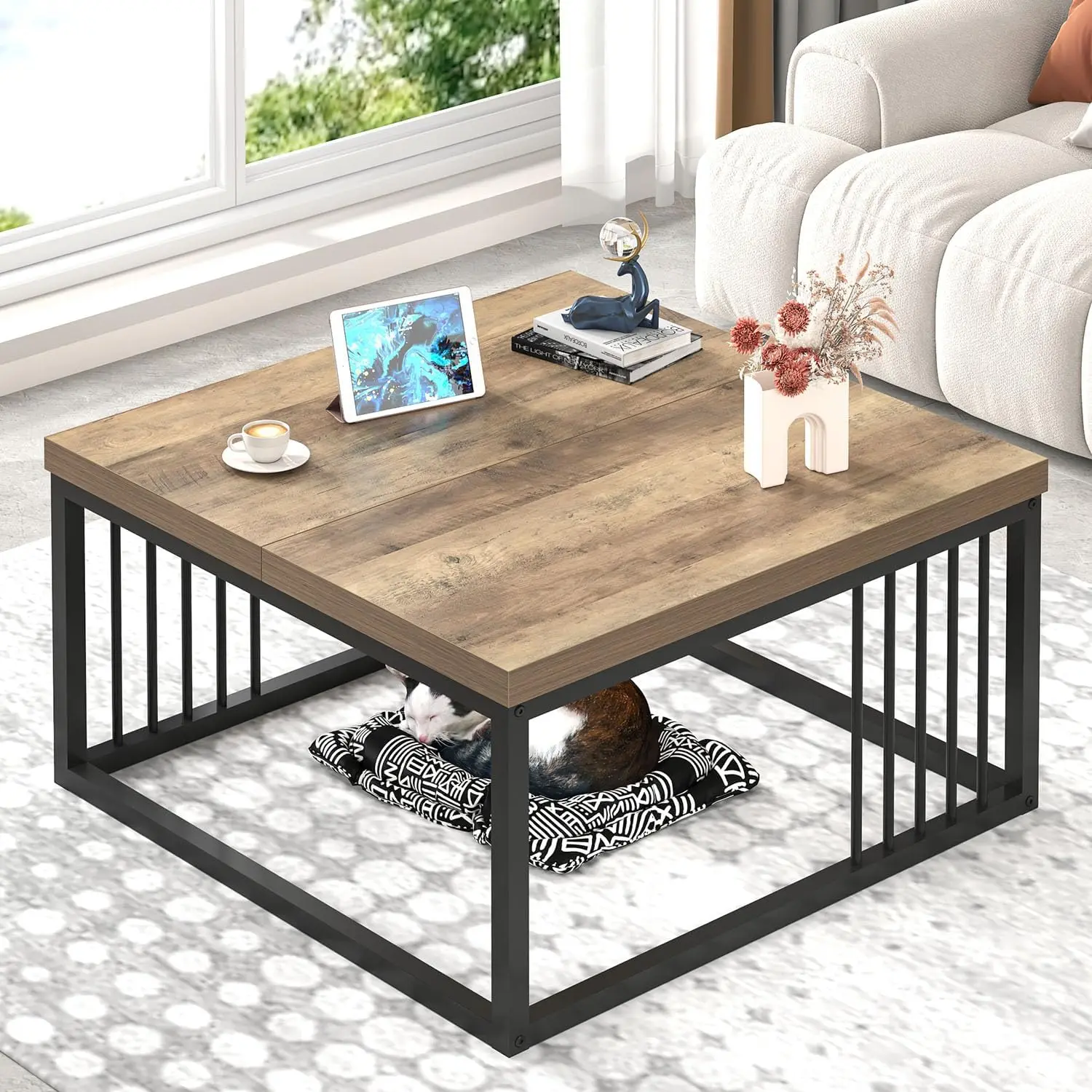 

Coffee Table, Modern Square Center Table for Living Room, Industrial Rustic Wood and Metal Cocktail Tea Table, 31.5 Inch, Oak
