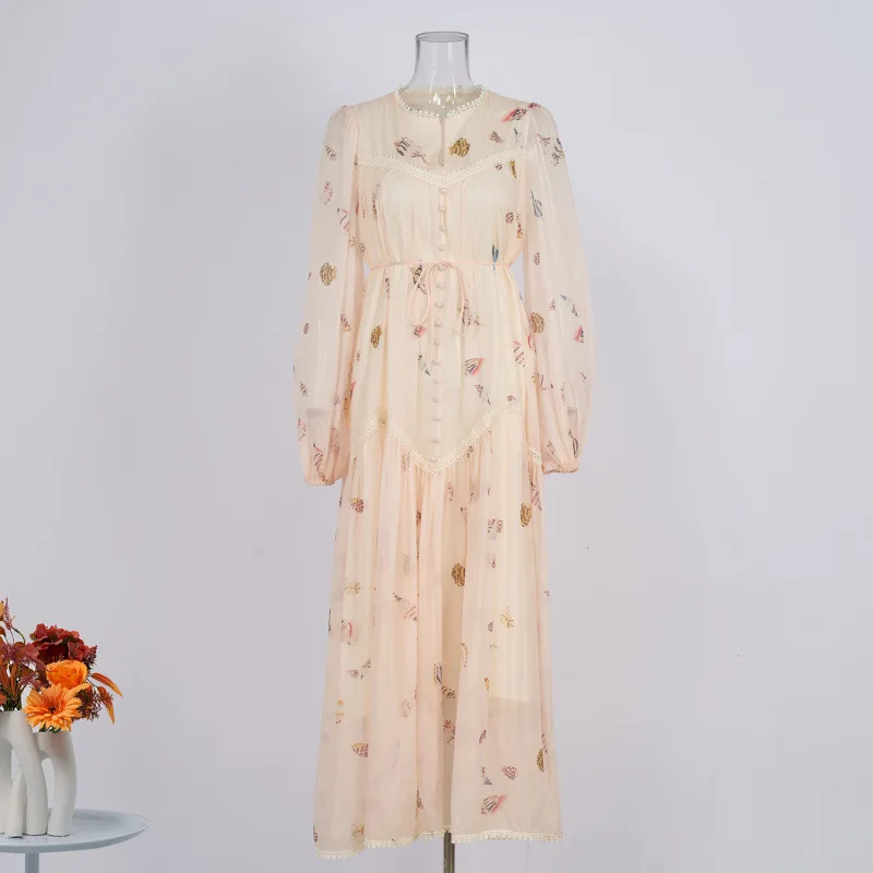 Romantico abito estivo in chiffon con stampa floreale Dr V-Ne da donna slim fit Maxi abito produttore cinese tessuto stampato in materiale Thi