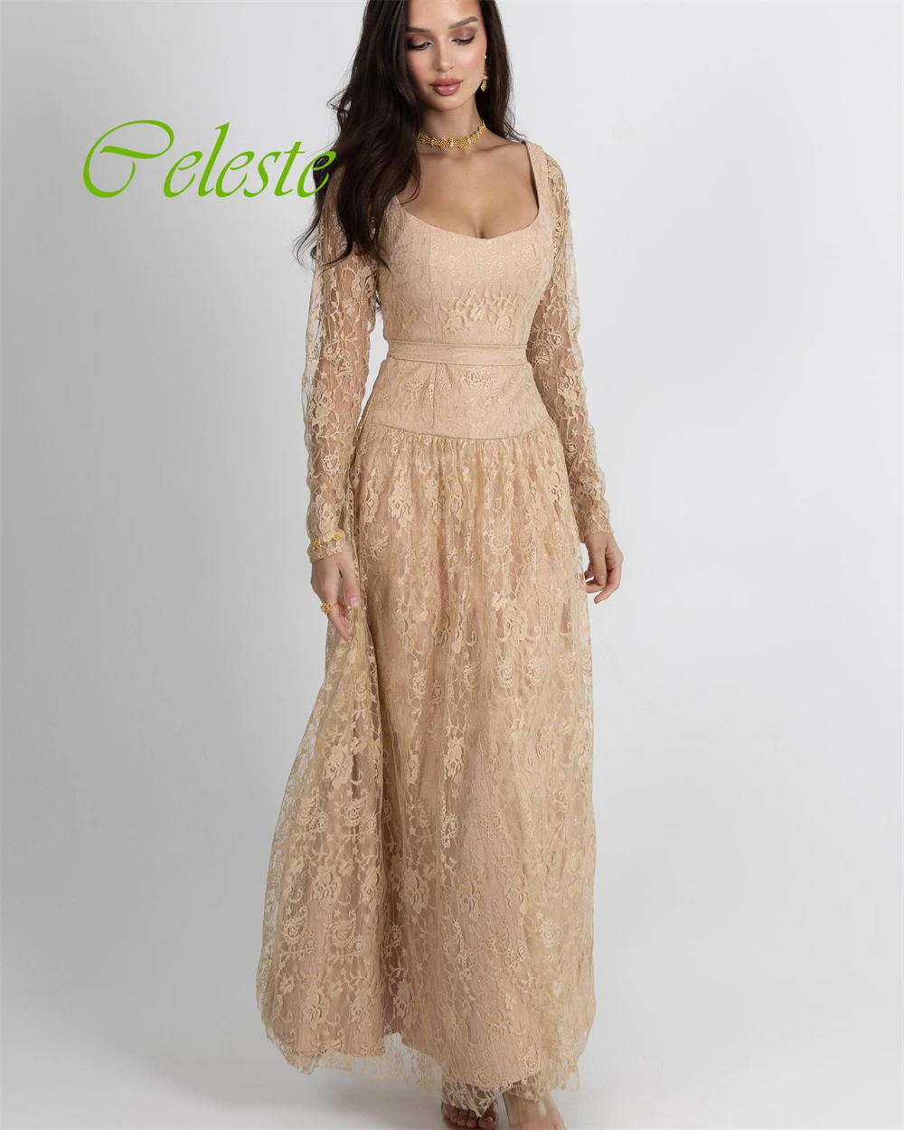 تخصيص طول الكاحل ألف خط مغرفة مساء اللباس الدانتيل أزياء الزنانير فستان العودة للوطن الكلاسيكية والحديثة فساتين المشاهير