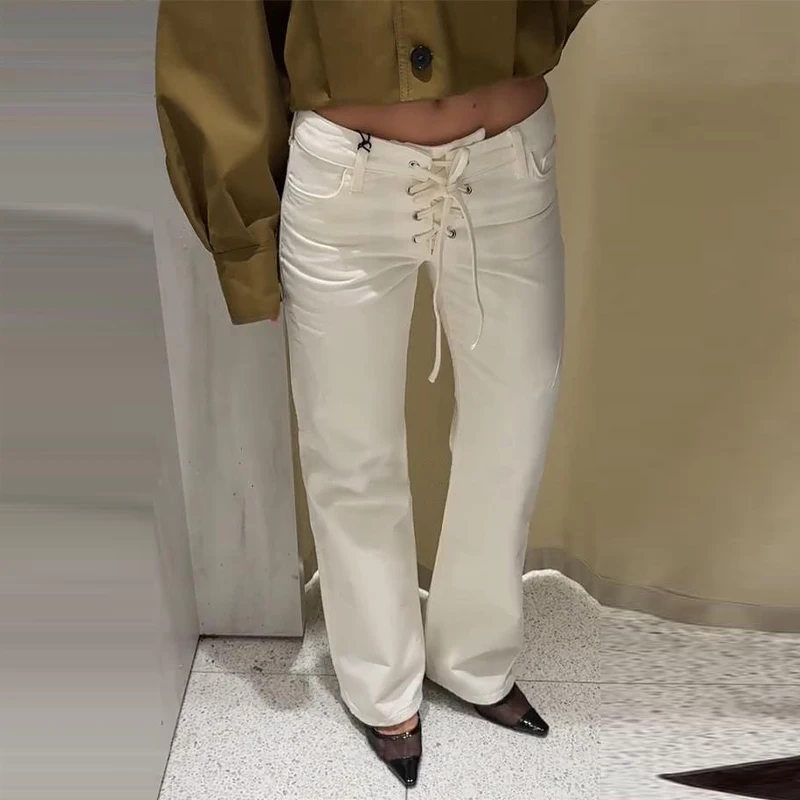 

Джинсы на шнуровке, женские свободные белые джинсы с низкой талией и карманами, прямые длинные брюки с низкой талией, 2025 г., повседневная модная женская уличная одежда
