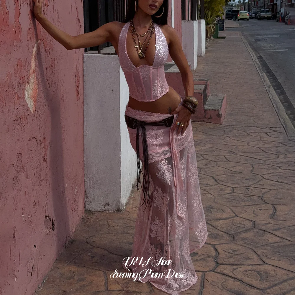 

IRIS Sexy Soft Pink Halter Deep V Sequin Lace Corset 2 Piece Floral Maxi Lace Up Back Customized Beach Resort Evening Dresses