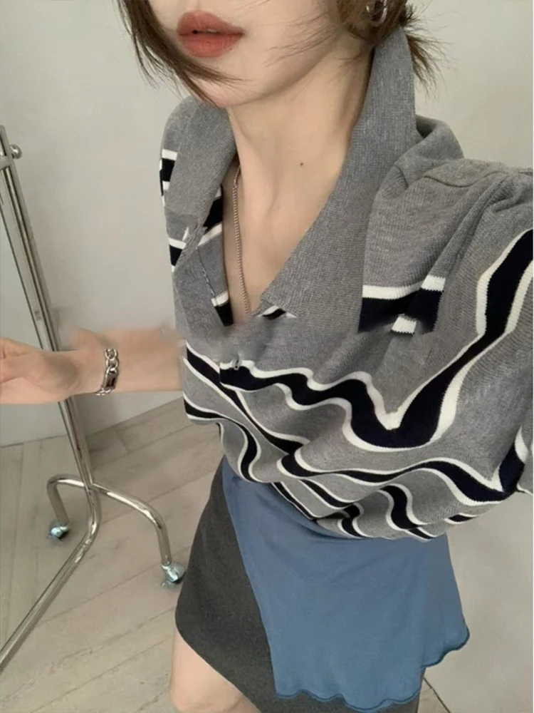 سترة نسائية كورية Sle College Preppy مخططة Ne Knitwear فضفاضة طويلة بطبقة أساسية مناسبة للتنقل ومتوسطة الوزن