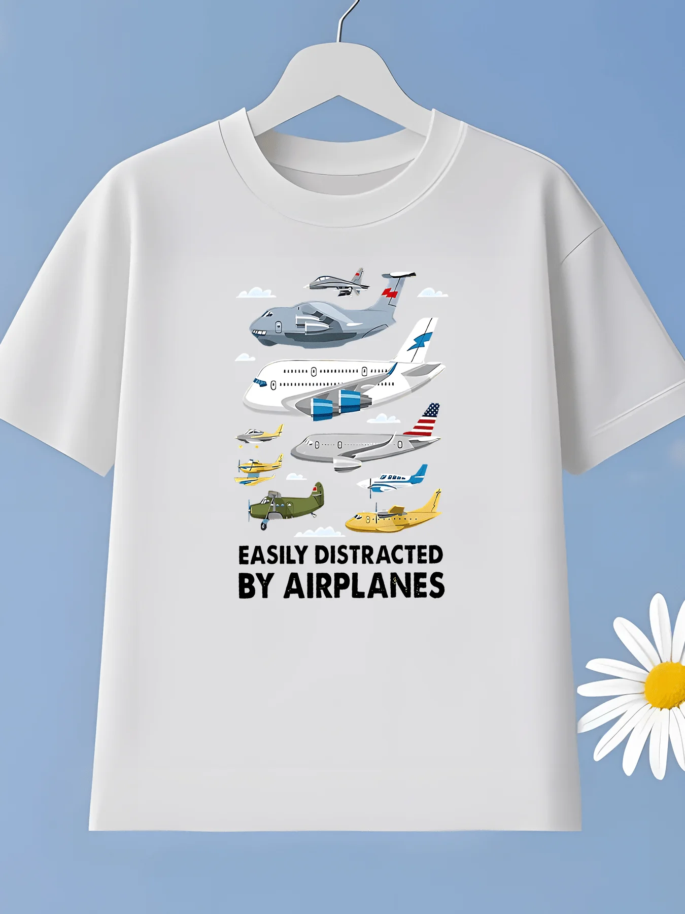 Children's Round Neck T-shirt with Fun Airplane Letter Design, Fashionable Children's Clothing, Trendy Outdoor Youth Top