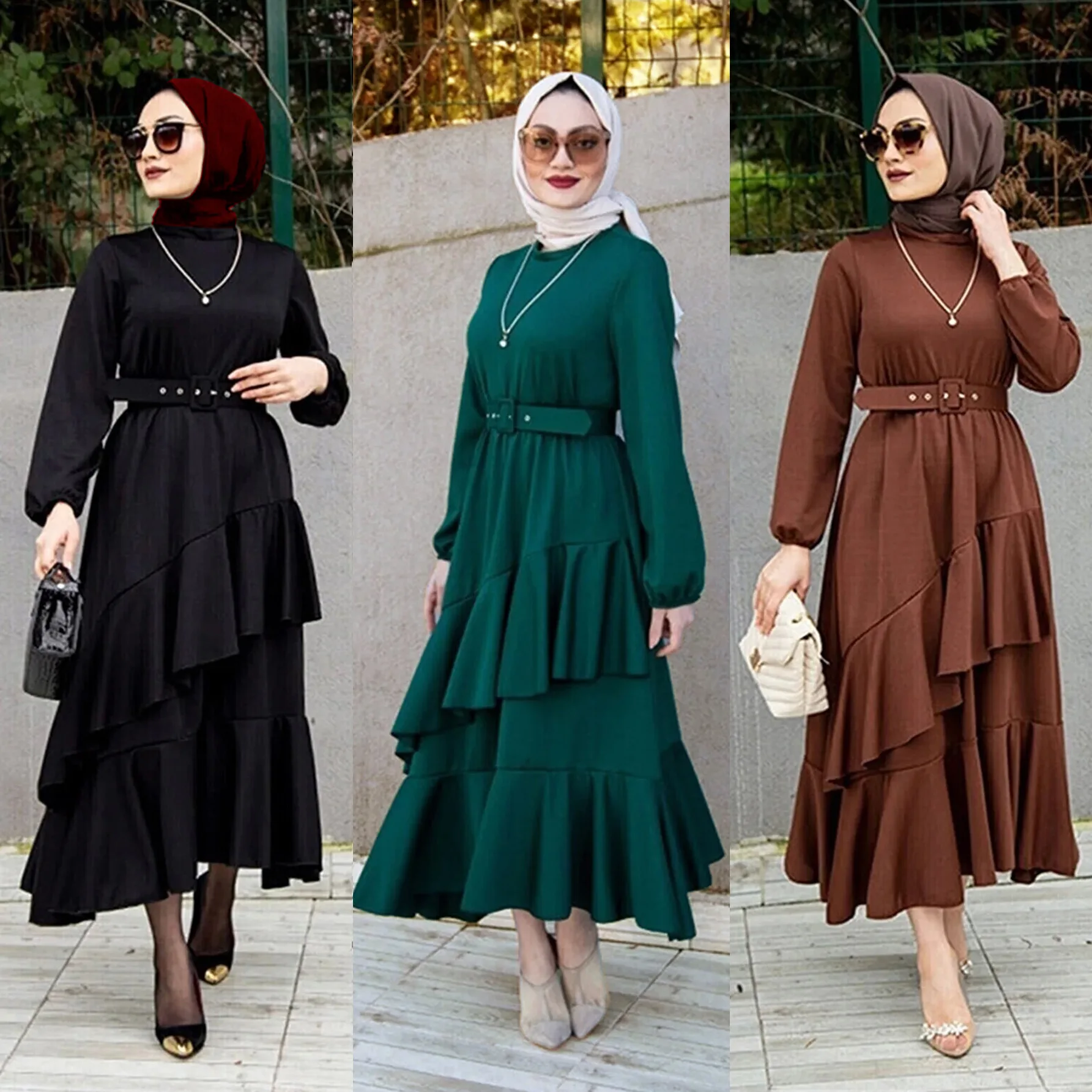 Muslim Long Dress for Women, Double Layer Ruffles, Tunic Dress, Islamic, Morocco, Middle East, Luxury