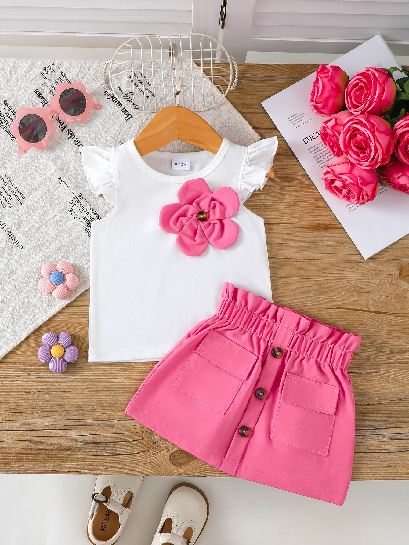 Fashion Baby Girl 3D Flower Outfit Set Ruffle Sleeve Top + Elastic Waist Pink Skirt Summer Casual Wear Clothes for 0-3Y Newborn