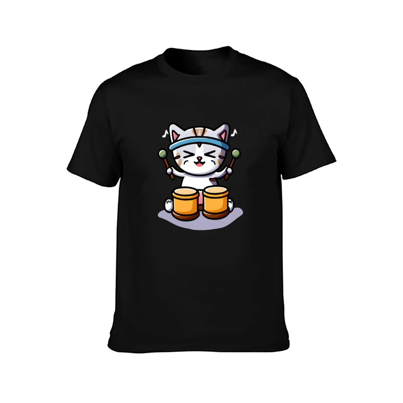 Cute Adorable Kawaii Chibi Cat Playing Drums T-Shirt, Summer Casual Cotton Tee, Oversized Streetwear Tops, Vintage Graphic Print