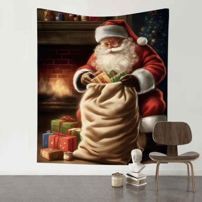 

Christmas Tapestry with Santa Claus Gift Bag Fireplace Bedroom Living Room Decoration Wall Hanging 50inx60in