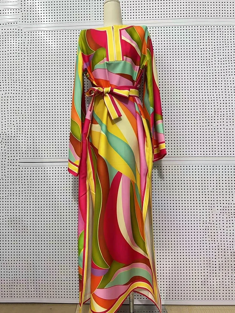 2025 Spring Women's Retro Geometric Print Semi-open Neck Lace-up Waist Loose Dress Fashion Straight-leg Hem Slit Skirt