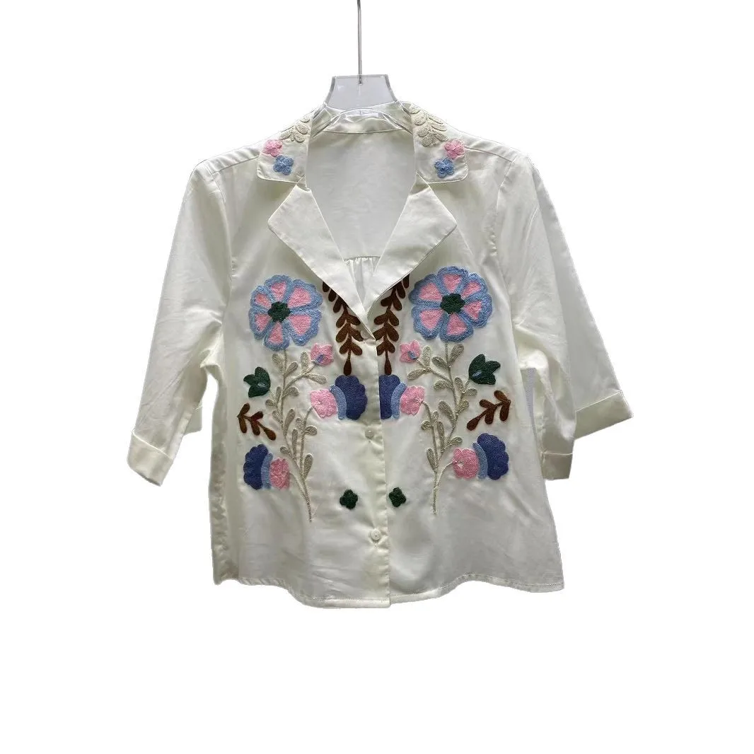 2025 shirt fashion summer new sweet ageing childish embroidery cute flowers lapel loose cotton T-shirt