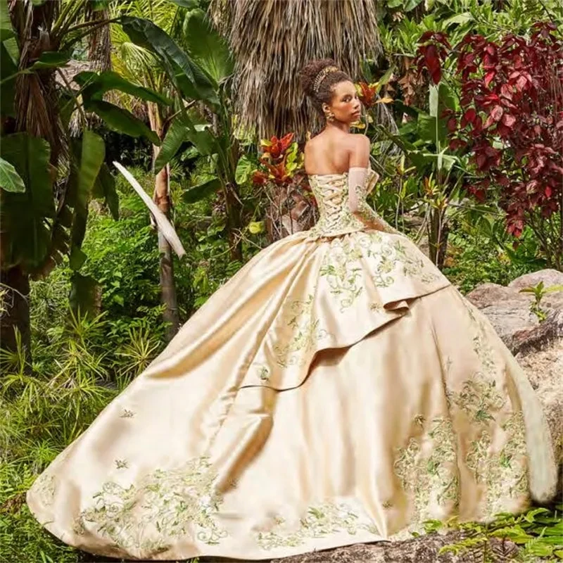 Champagne Charro Quinceanera Dresses Ball Gown Sweetheart Tulle Appliques Beaded Mexican Sweet 16 Dresses 15 Anos