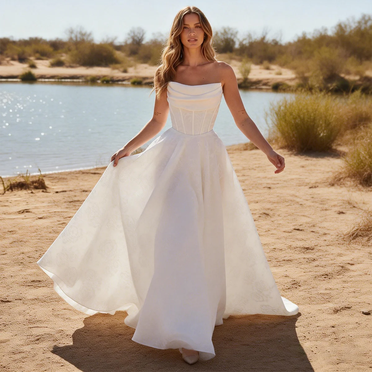 

Romantic Floral Strapless Ball Gown Wedding Dress With Train A Line Long Pleated Bridal Party Gown For Women Vestidos Novia