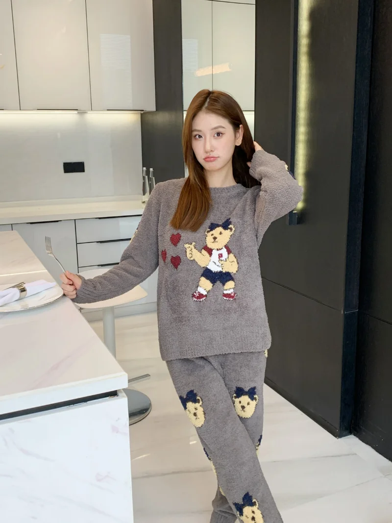 Japanese Kawaii Bear Print Soft Pajama Sets O-neck Pullover Long Sleeve Trousers Homewear Suit Autumn Winter Casual Sleepwear