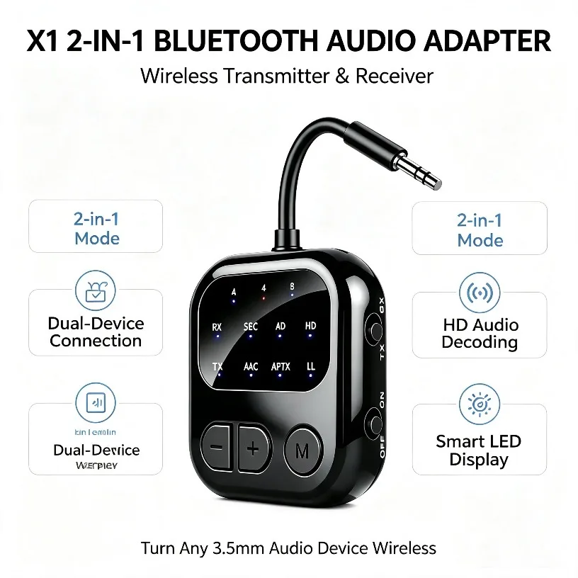 Image of Flugzeug-Bluetooth-Adapter für Kopfhörer X1 TX RX Dual Link aptX Low Latency Wireless Audio für Auto TV 3,5mm LED-Display Typ-C