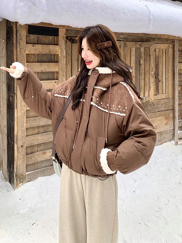 หมวกกันหนาวผู้หญิง รุ่น Thiened สีขาว บุขนเป็ด พร้อมเสื้อโค้ทหนัง ขนเฟอร์  แบบลำลอง ให้ความอบอุ่น