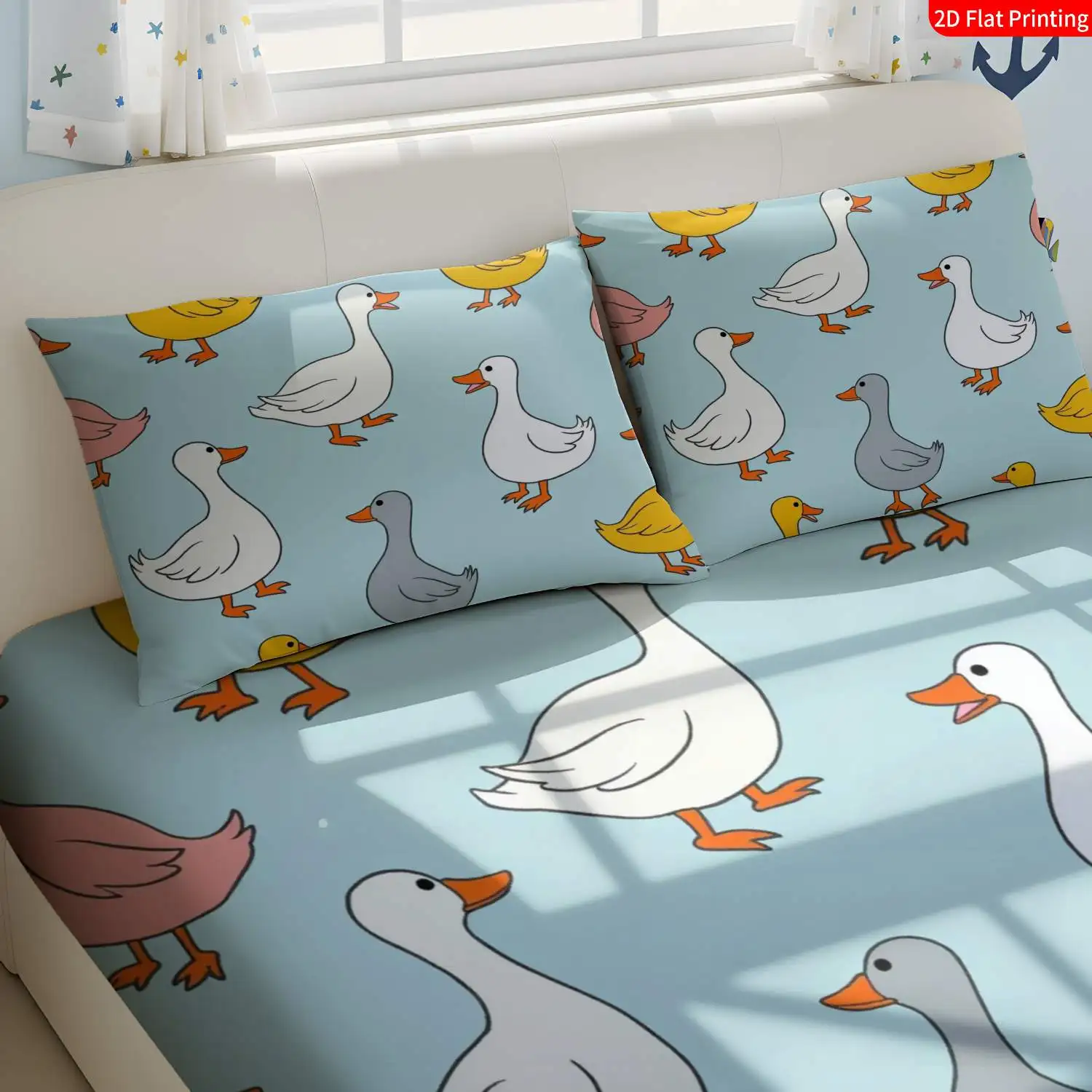 3-Piece Mattress Protector Set, 2D Flat Printed Fitted Sheet, Cute Animal Style, Duck Theme, Home Bedroom Decoration, Holiday-Themed Fitted Sheet and Pillowcase, Mattress Protector, Stain-Resistant, Mattress Cover, Suitable for All Seasons, Machine Washable, Easy to Care For, Universal for Home Bedrooms, Essential for Dorms and Rentals, Master Bedroom and Guest Room Decoration, Dust-Proof and Stain-Resistant, High Elasticity, Fits Various Sizes