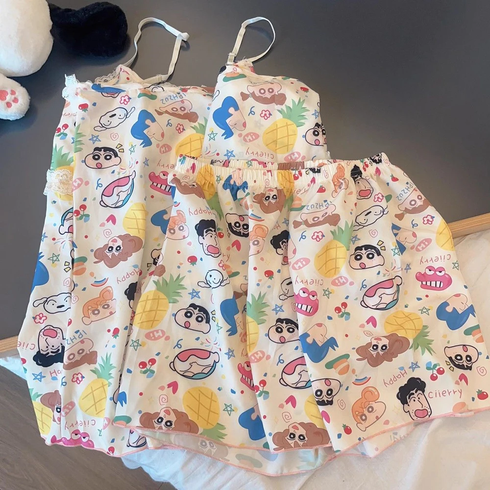 Anime Hello Kitty Crayon Shin-Chan Summer Sling Pajamas with Chest Pads Cartoon Girl\'s Heart Casual Comfort Home Pajama Set