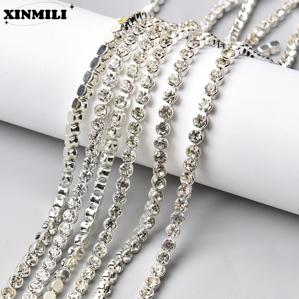 1 Yard 3 4 6mm Don\'t Hook Clothes Dense Rhinestone Crystal Gold Silver Claw Cup Chain Trimming Sew on Bridal Dress Bags Shoes