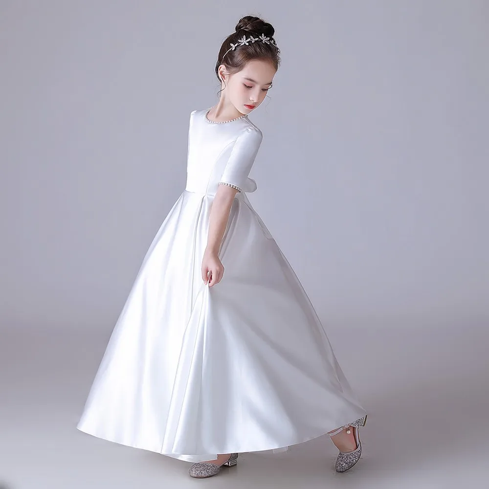 

White Soft Satin Pearls Elegant Girl First Communion Dress Concert Wedding Party Short Sleeves Junior Bridesmaid Gown