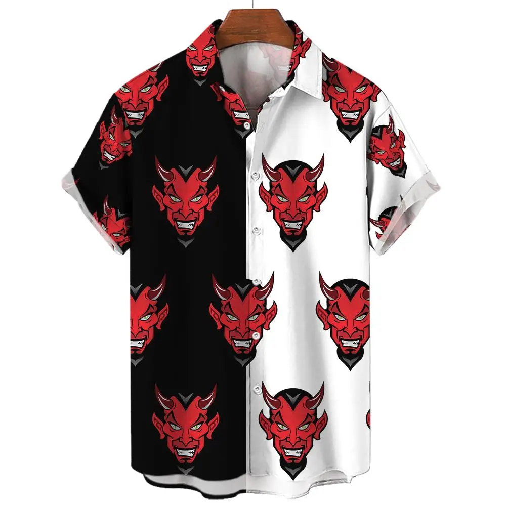 Cuban Collar Devil Print Summer Men's Shirts Casual Oversized Short Sleeve Fashion Single-Breasted Blouses Trend Men Clothing