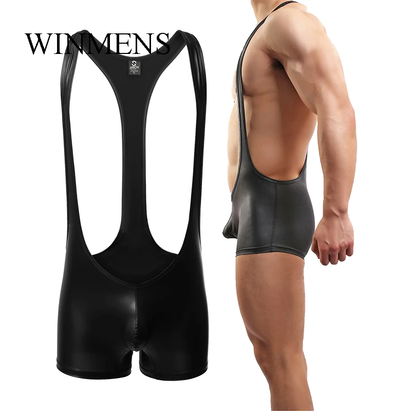 Patent leather Men's Black One-piece Underwear Adult Dance Funny Shoulder Strap Boxer Shorts Panties Stage Show Jumpsuit