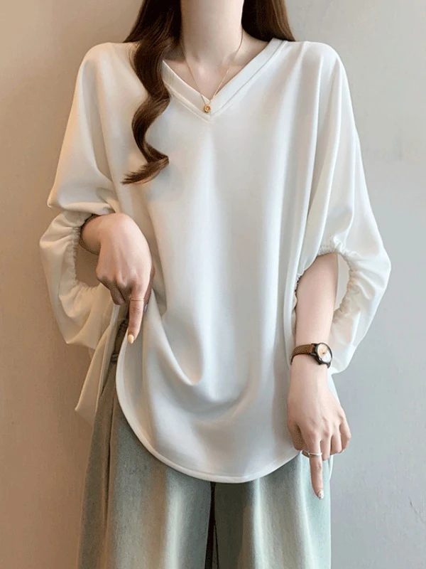 Ladies' Black V-Neck Short-Sleeved T-Shirt Lazy Style Lantern Sleeve Bell Sleeve Summer New plus Size Commute Style Loose Fit