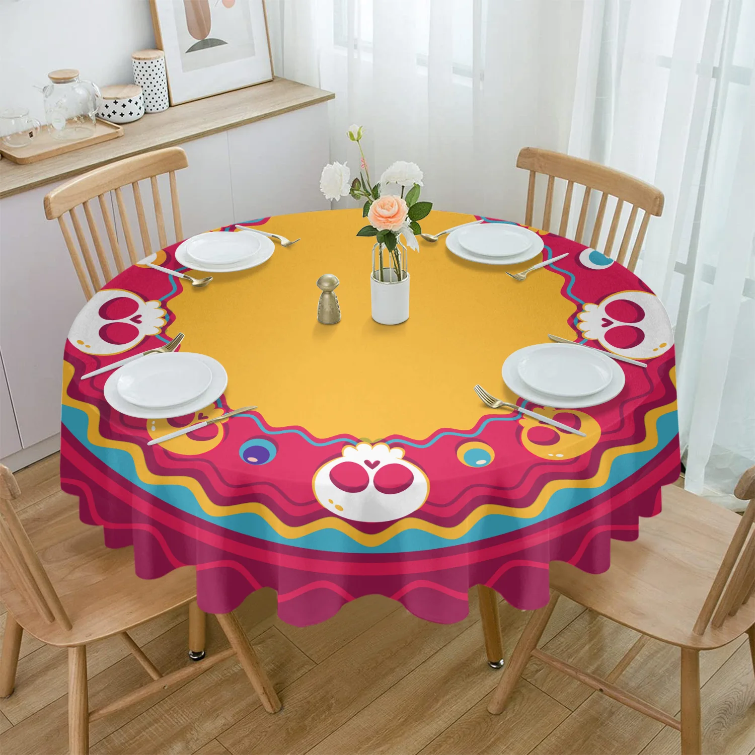 Mexican Skull Flower Round Tablecloth Waterproof Wedding Party Table Cover Xmas Dining Table Tablecloth