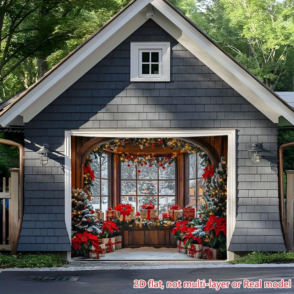 1 piece of 2D flat printing party banner, Christmas one-pot red window, extra-large size, garage background, high definition