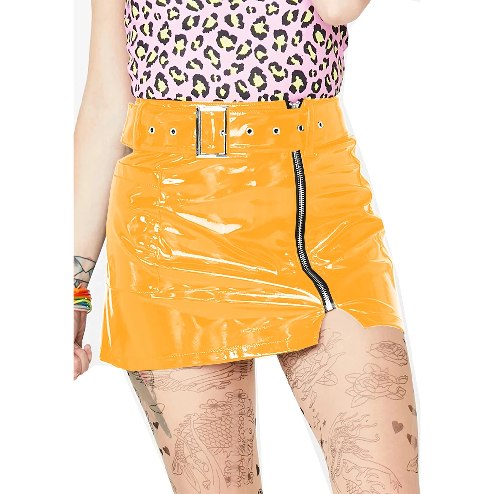 

Women's Shiny PVC Leather Belted Bodycon Mini Skirt,Punk Gothic Girls,Zipper Split Hot Skirts,Sexy Laser Black Club Microskirts