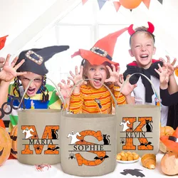 Borsa per dolcetti o scherzetto personalizzata Iniziale con nome Borsa a secchiello per caramelle Festa di Halloween Fantasma Pipistrello Tote Borse Cestino portatile Regali per bambini