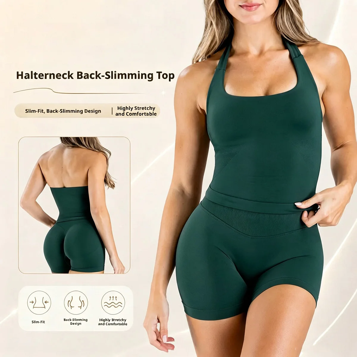 2 Peice Denyf Sports Set Women Seamless Halter Top Longline Strappy Padded Scrunch Shorts Set Yoga Suit Gym Workout Sets