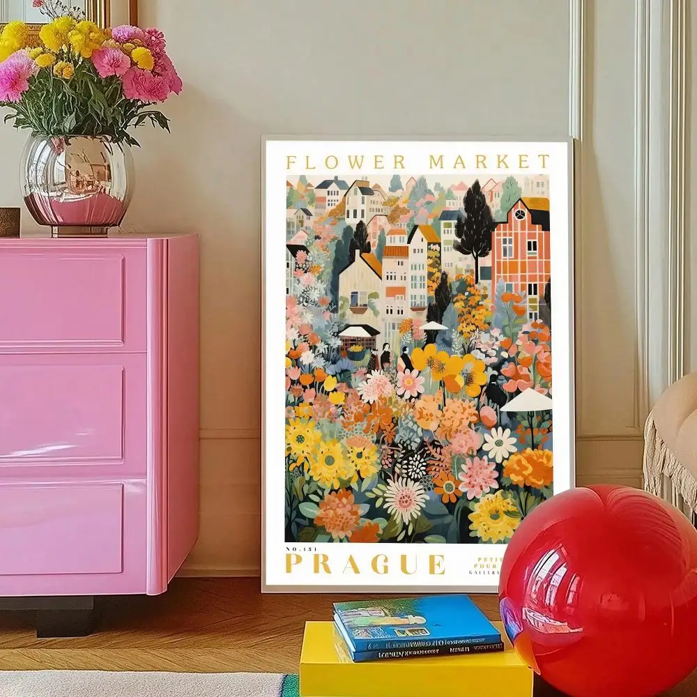 Prague Flower Market Canvas Poster Czech Floral Botanical Green Living Room Home Decor Gift Painting Calligraphy