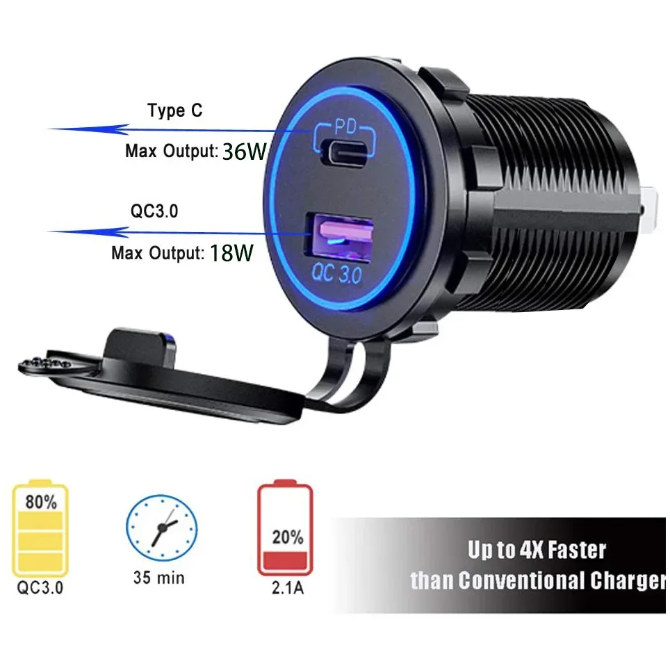 12V Dual USB Car Quicker Charger Socket QC3.0 and PD Car Accessories Fast Charging Phone Charger for RV Yacht Car