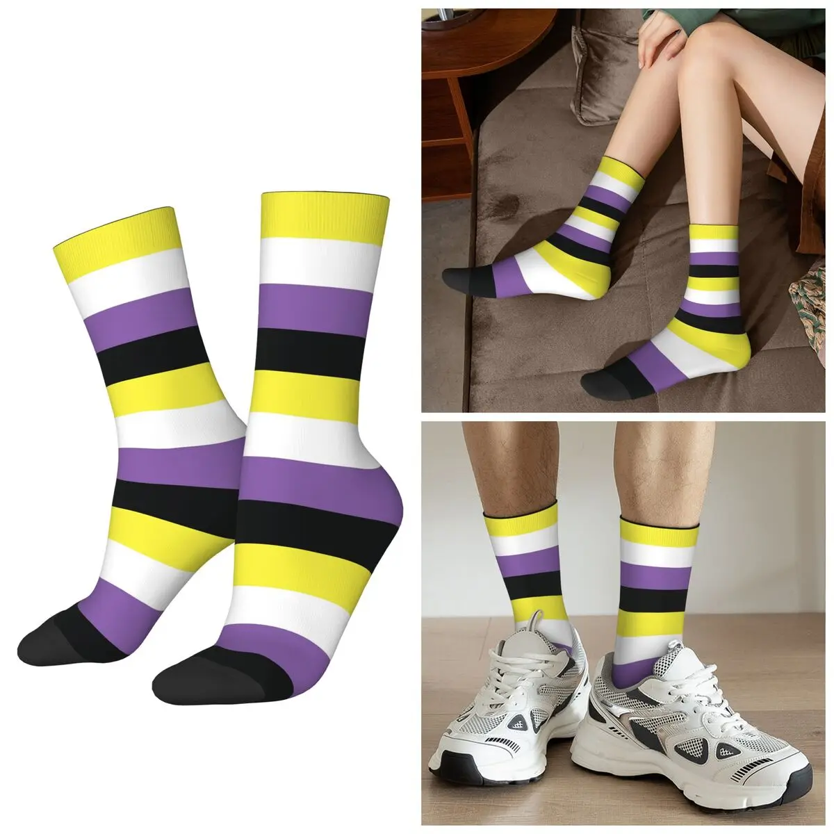 

All Seasons Non-Binary Pride Flag Socks Harajuku Crew Socks Super Soft Stockings for Men Women Christmas Gifts