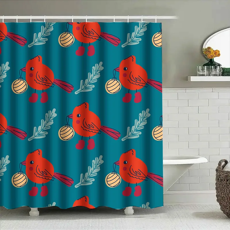 Red Cardinal Fish Pattern Shower Curtain Waterproof Home Decoration Printed Bathroom Curtains Blue