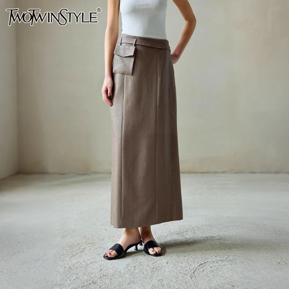 

TWOTWINSTYLE Solid Spliced Pocket Design Skirt Female High Waist Loose Intellectual Elegant Women's Skirts Autumn New Fashion