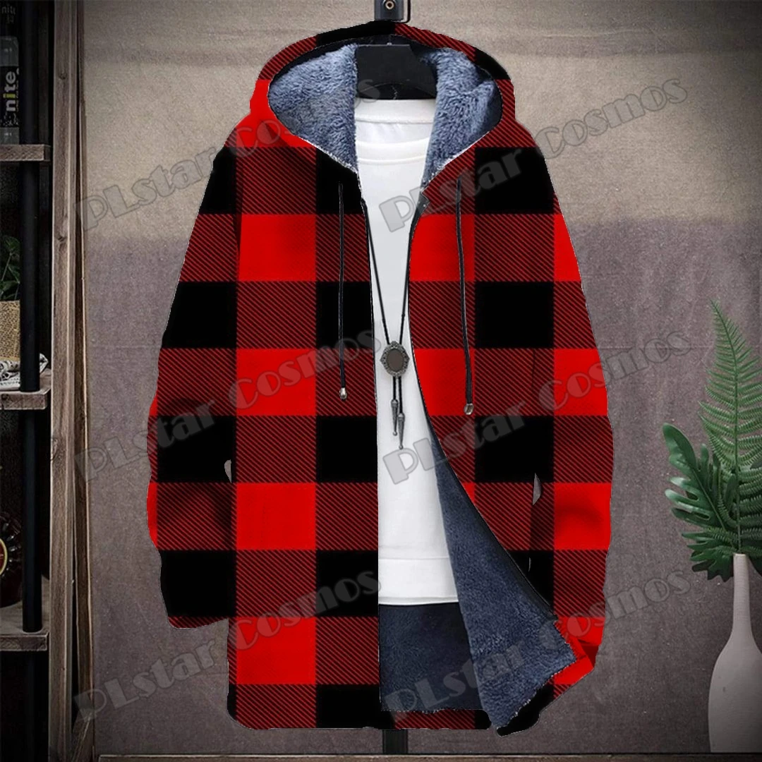 Red And Black Plaid Stripes Pattern 3D All Over Printed Fashion Men's Hooded Coat Winter Casual Thick Warm hooded jacket HR06