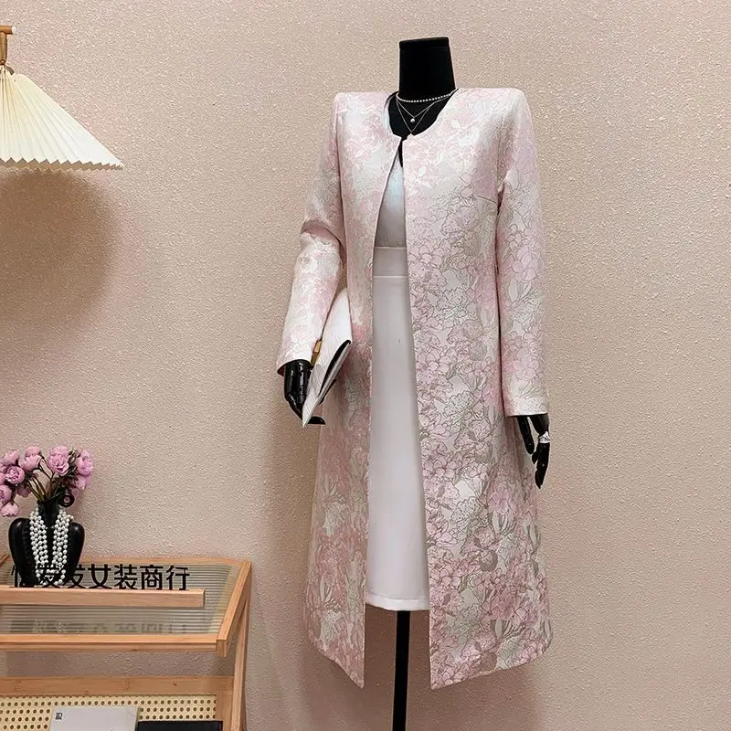 Pink O-neck Jacquard Trench Coat Luxury Brand Design Clothing Women Vintage Embroidery Floral Long Sleeves Trench Coat Outerwear